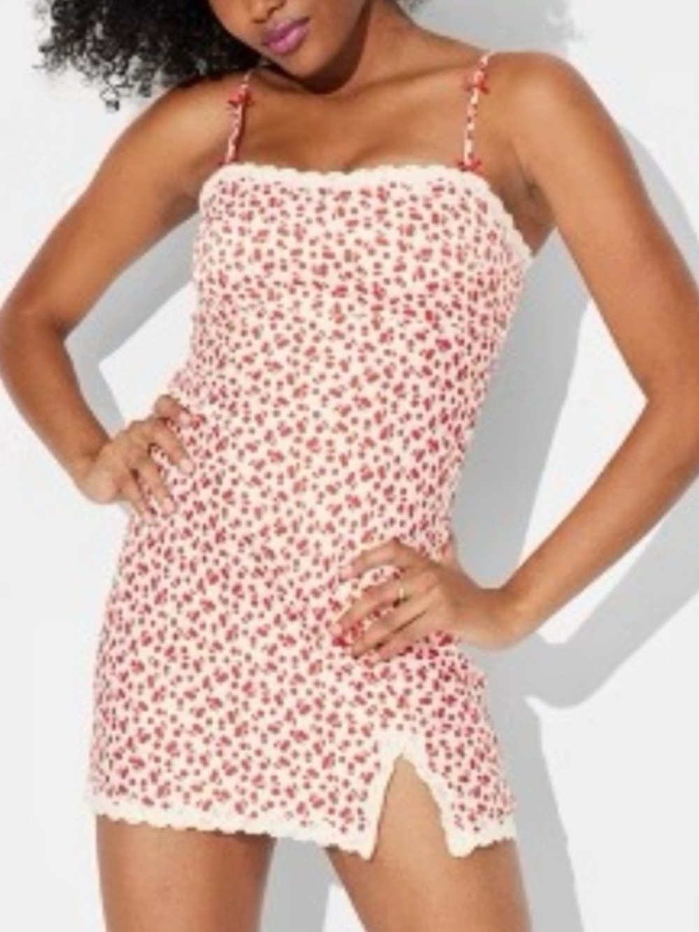 Wild Fable White W/Red Cherries satin mini dress Size Small